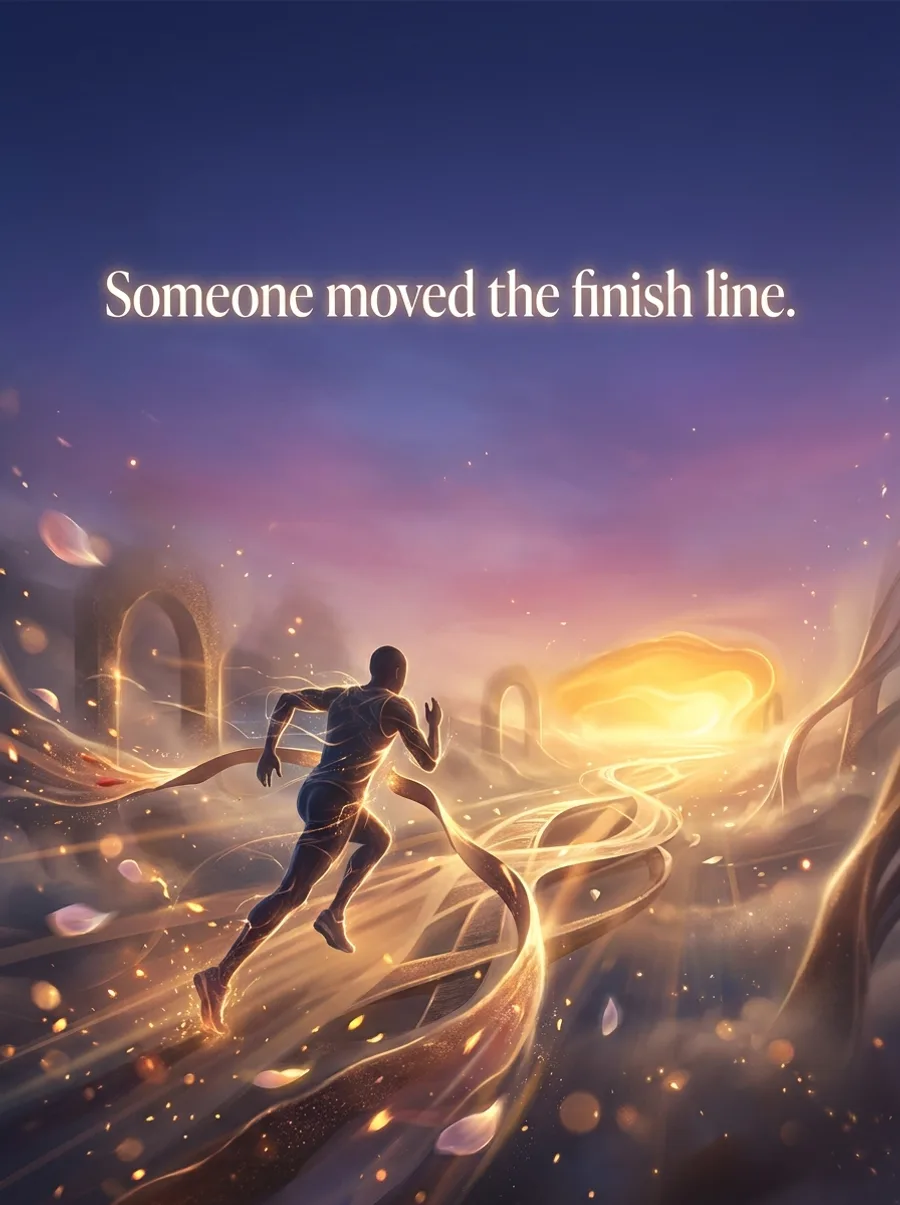 Card front: “Someone moved the finish line.”