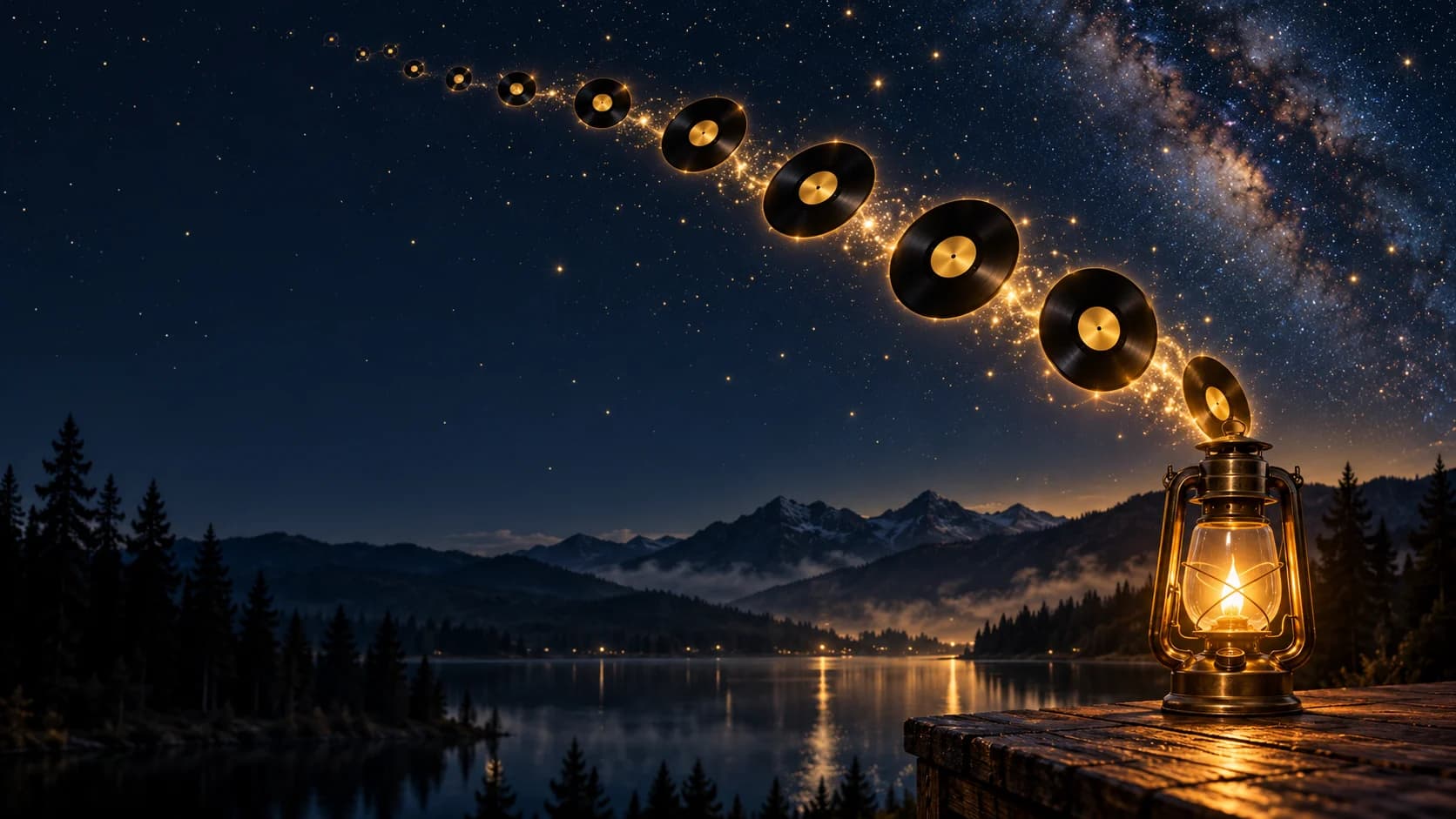A brass lantern glowing on a wooden table at night beside a mountain lake, with a trail of vinyl records rising from it into the stars.