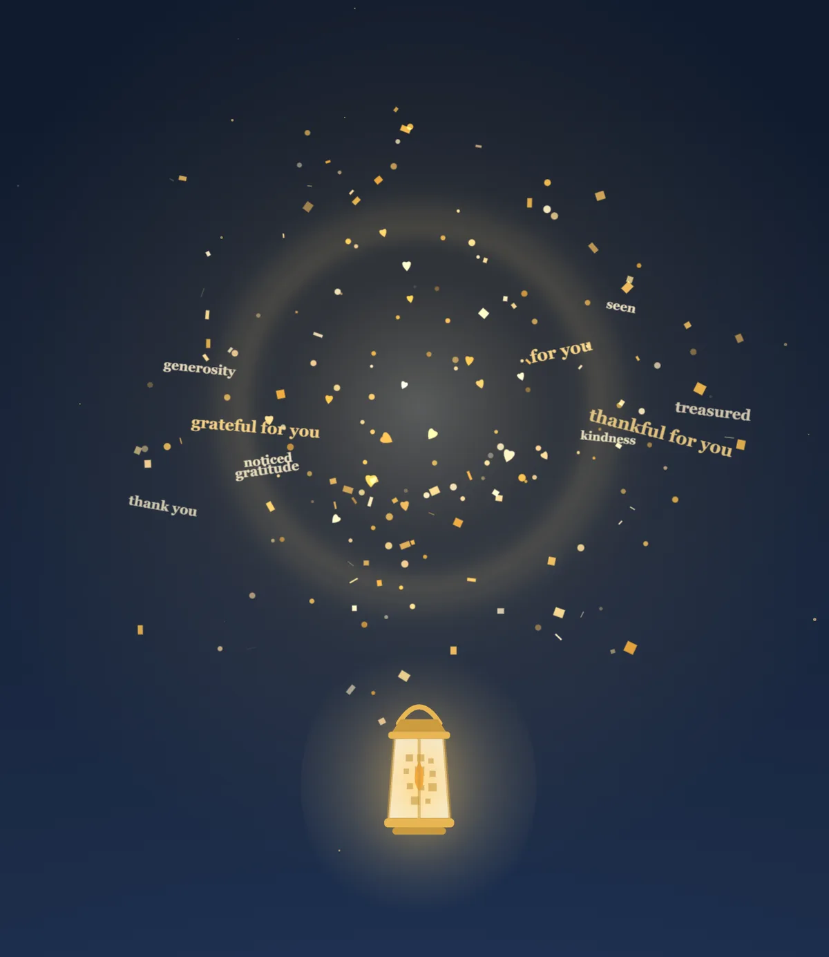 The Lantern Post reveal: tapping the glowing lantern releases a burst of gold light and words of appreciation across a night sky, a moment before the hidden gift appears.